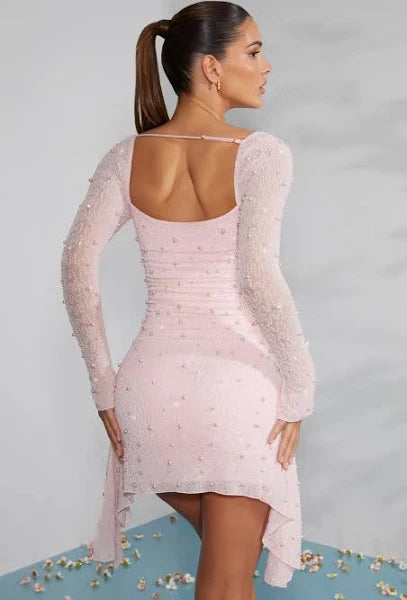 VitaNorr Long-Sleeved Mini Dress with Embellished Draped Neckline