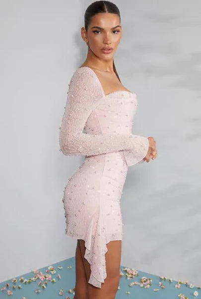VitaNorr Long-Sleeved Mini Dress with Embellished Draped Neckline